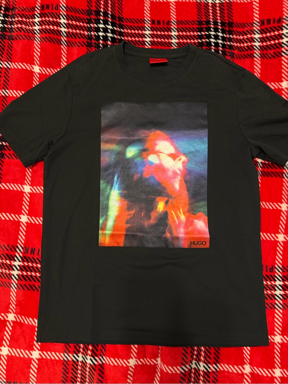 HUGO Black Short Sleeve Tee with Multicolor Photo Print